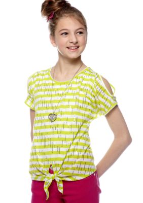 Beautees Sequins Tie Front Top With Necklace Girls 7-16