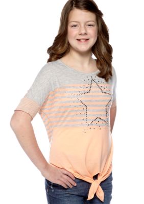 Beautees Studded Star Stripe Tie Front Top Girls Plus