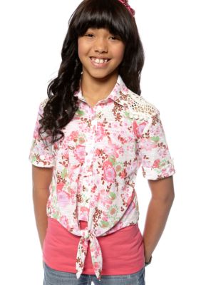 Belle du Jour Floral Tie Front Shirt Girls 7-16