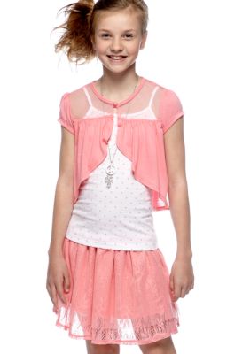 Self Esteem Shrug Tiered Lace Skirt Set Girls 7-16
