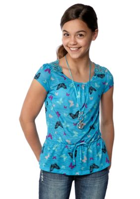 Belle du Jour Peplum Butterfly Necklace Top Girls 7-16