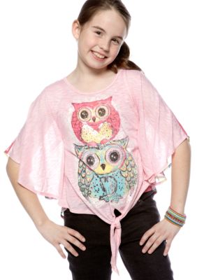 Belle du Jour Owl Tie Front Shirt Girls 7-16