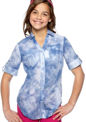 Speechless Tie Dye Chambray Tie Front Top Girls 7-16