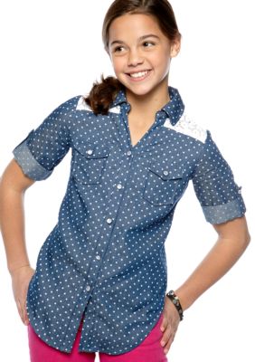 Speechless Dot Chambray Tie Front Top Girls 7-16