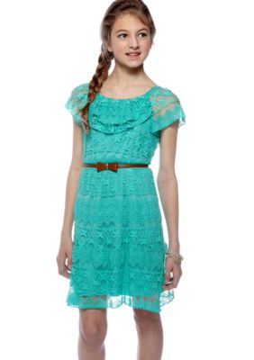 Sequin Hearts Lace Belt U-Neck Ruffle Dress Girls 7-16