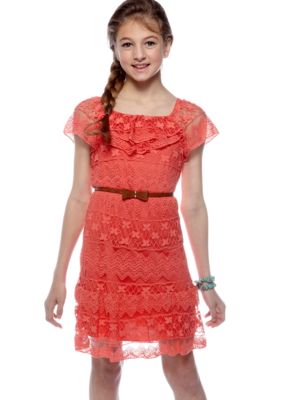 Sequin Hearts Lace Belt U-Neck Ruffle Dress Girls 7-16