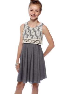 Sequin Hearts Denim Lace Overlay Dress Girls 7-16