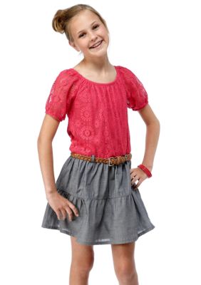Sequin Hearts Lace to Chambray Dress Girls 7-16