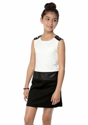 Sequin Hearts Color Block Leather Trim Dress Girls 7-16