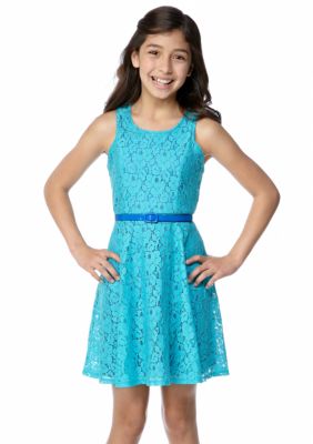 Sequin Hearts Belted Lace U-Neck Dress Girls 7-16