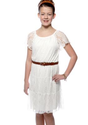Sequin Hearts Solid Lace Belted Dress Girls Plus