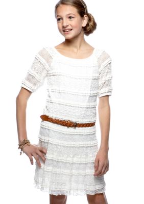 Sequin Hearts Solid Lace Belted Dress Girls 7-16