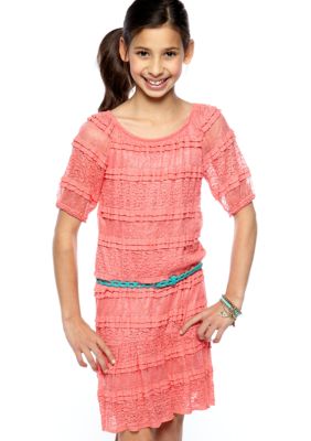 Sequin Hearts Solid Lace Belted Dress Girls 7-16
