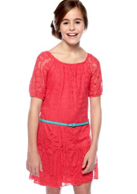 Sequin Hearts Belted Lace Drop Waist Dress Girls 7-16