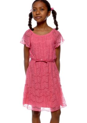 Sequin Hearts Solid Lace Belted Dress Girls 7-16