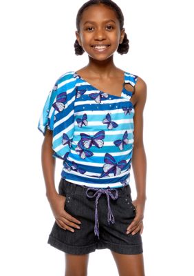 Jolt One Shoulder Striped Romper Girls 7-16