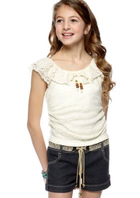 Sequin Hearts Lace Belted Romper Girls 7-16