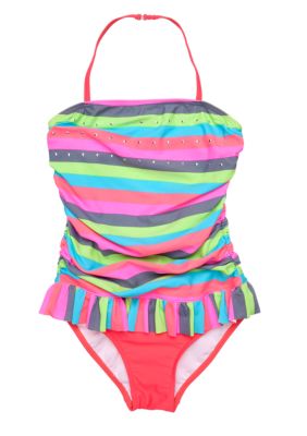 J Khaki One Piece Pretty Stripe Swimsuit Girls 7-16
