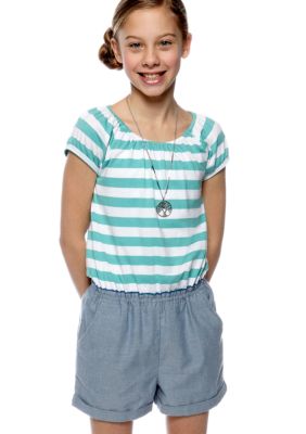 Red Camel Girls Knit Stripe Denim Romper Girls 7-16