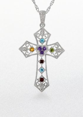 Belk & Co. Sterling Silver Art Deco Style Semi Precious and Diamond Cross Pendant