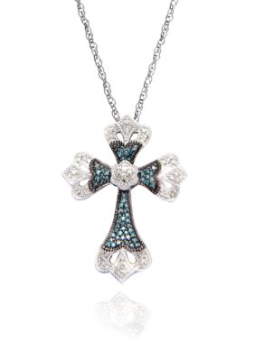 Belk & Co. 3/8 ct. t.w. Blue and White Diamond Cross Pendant in Sterling Silver