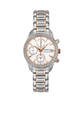 Seiko Ladies 30 Meter Silver and Rose Gold Crystal Chronograph