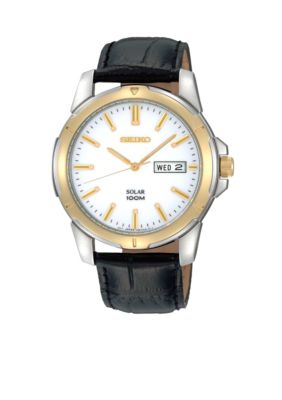 Seiko Men's 100 meter two tone solar watch with a white dial, black leather strap, hardlex crystal and buckle closure.
