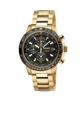 Seiko Mens 100 Meter Gold Tone Solar Alarm Chronograph
