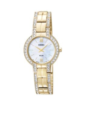 Seiko Ladies 30 Meter Gold Tone Solar Modern Dress Watch with Crystals