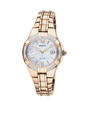 Seiko Women's 50 Meter Gold Solar Diamond Bezel Dress Watch