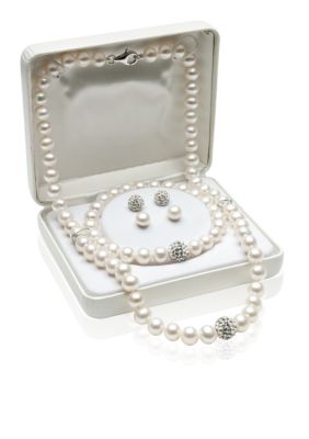 Belk & Co. Sterling Silver Freshwater Pearl and Crystal 4-piece Box Set