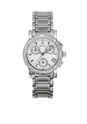 Bulova Ladies Stainless Steel 16 Diamond Bezel Chronograph Watch