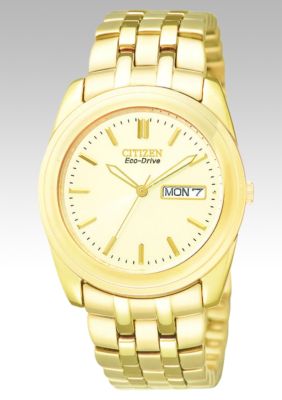 Citizen Men's Eco Drive Gold Tone Bracelet Round Champagne Dial with Day/Date
