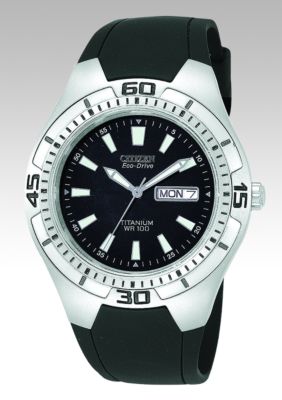 Citizen Men's Eco Drive Titanium Case Black Rubber Strap Round Black Dial with Day/Date