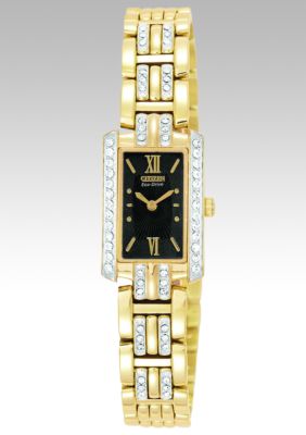 Citizen Ladies Eco Drive Gold Tone Bracelet Rectangular Black Dial with Swarovski Crystals