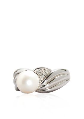 Belk & Co. Sterling Silver Freshwater Pearl and Diamond Ridged Ring 