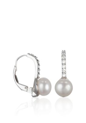 Belk & Co. Platinum Plated Sterling Silver Freshwater Pearl & Cubic Zirconia Leverback Earrings