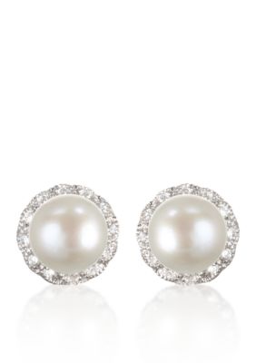 Belk & Co. Platinum Plated Sterling Silver Freshwater Pearl & Cubic Zirconia Earrings