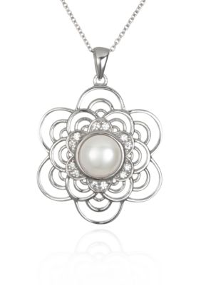 Belk & Co. Platinum Plated Sterling Silver Freshwater Pearl and Cubic Zirconia Pendant