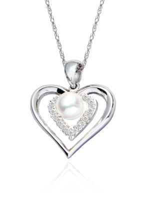 Belk & Co. Sterling Silver Freshwater Pearl Heart Pendant with Diamond Accents