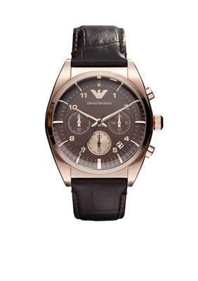 Emporio Armani Classic Men's Watch With Chronograph Round Rose Gold-Tone Case with Brown Dial and Leather Strap
