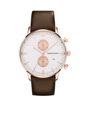 Emporio Armani Men's JFK Round Rose Gold-Tone Case with Silver Chronograph Dial and Brown Leather Strap Watch