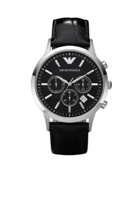 Emporio Armani&reg; Emporio Armani Men's Classic Round Black Chronograph Watch With Black Leather Strap