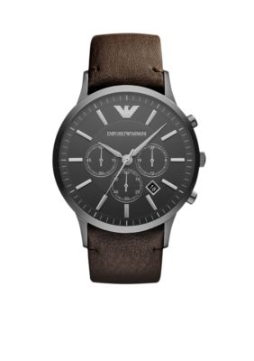 Emporio Armani Mens Gunmetal Stainless Steel and Brown Leather Sportivo Chronograph Watch