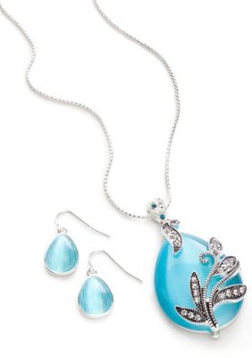 Kim Rogers Blue Cat Eye and Marcasite Floral Pendant Necklace and Earring Set