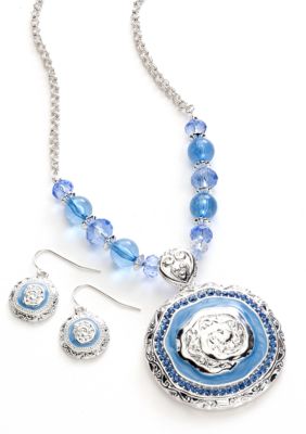 Kim Rogers Tonal Blue Round Textured Pendant Necklace and Earring Set