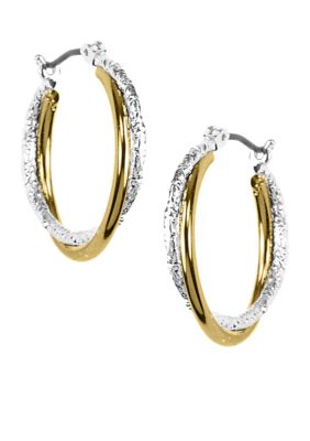 Napier Two Tone Polished and Laser Cut Twist Hoop Earrings