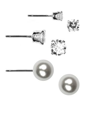 Napier Three Crystal and Pearl Stud Earring Set