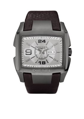 Diesel Men's Analog Square Face Brown Leather Strap Watch