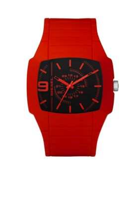 Diesel Men's Analog Square Black Dial with Red Silicone Strap Watch